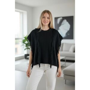 Anna & Ava Women's Black Lightweight Cable Knit Poncho Sweater w Fringe OSFM